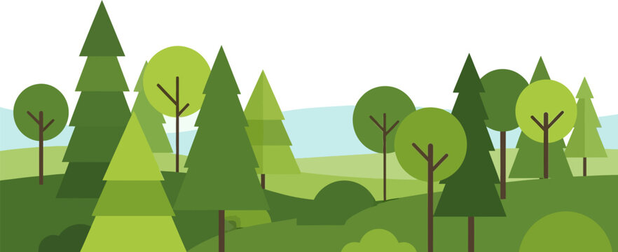 Modern flat design vector illustration depicting a vibrant green forest with various stylized trees and layered hills, symbolizing natural beauty and environmental protection