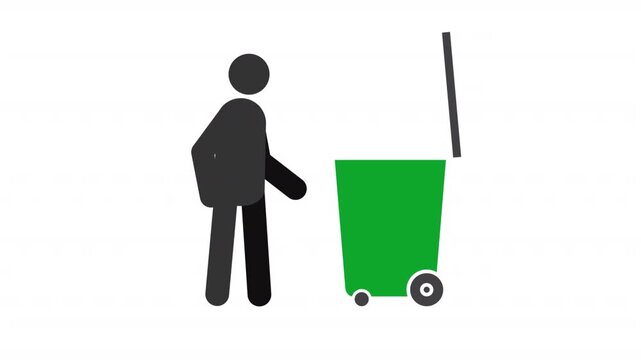 Person throwing garbage into container stickman animation silhouette. Waste collecting and recycling. Environment. Simple human stick figure. Solid glyph pictogram HD video. Dynamic person movement