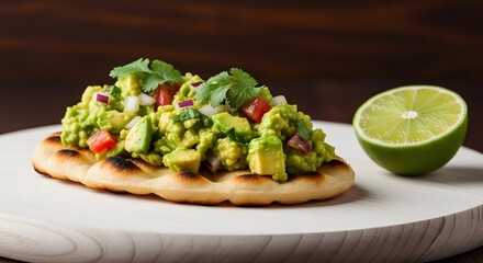 Delicious Guacamole Topping Served on Toasted Flatbread with a Fresh Lime Wedge