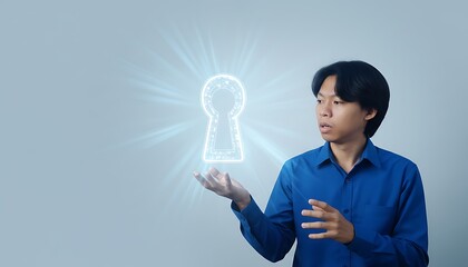 Glowing digital keyhole security access solution presented by a young asian man holding out his open palm
