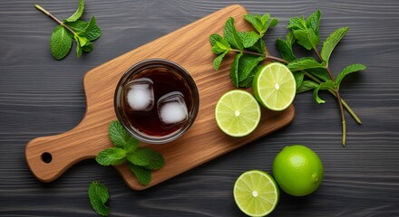 Refreshing Iced Drink with Fresh Limes and Mint Leaves on a Wooden Board
