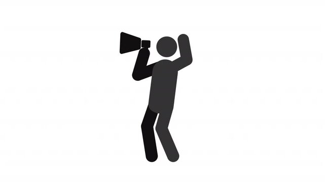 Person screaming in megaphone stickman animation silhouette. Social activist on street protest. Loud speaking. Simple human stick figure. Solid glyph pictogram HD video. Dynamic person movement