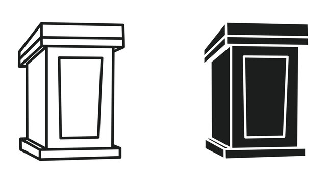 Simple podium icons: outline and filled silhouette for public speaking, presentations, debates, and education