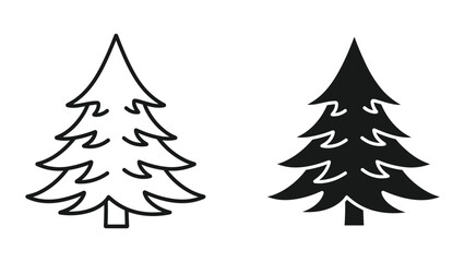 Obraz premium Silhouette and Outline of Pine Tree Icons - Simple Christmas Tree Vector Illustrations