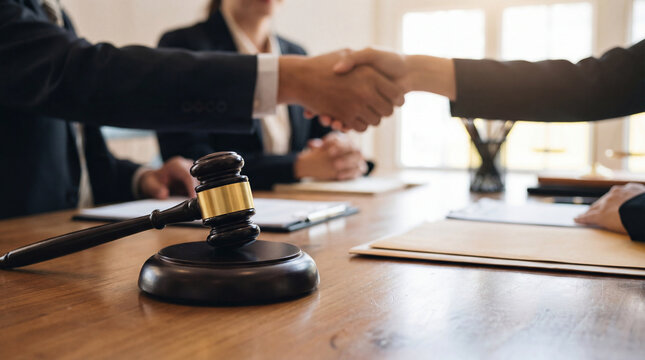 Legal settlement agreement handshake during a mediation meeting with judge gavel on the table.