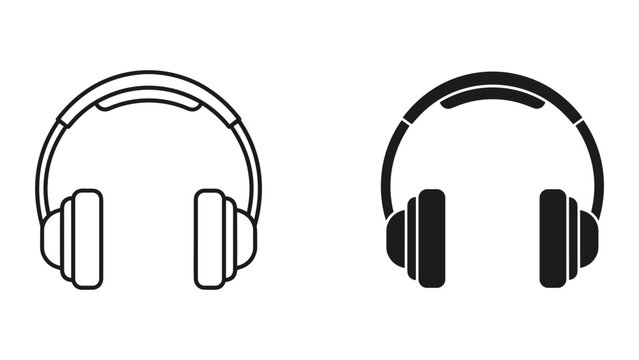 Set of two headphone icons, outline and filled, isolated on white background. Audio symbol.