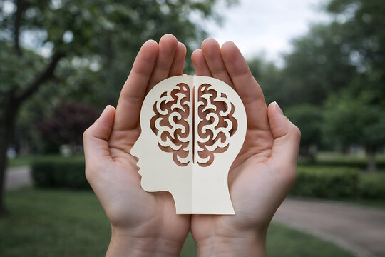 Hands holding paper head with brain symbol for mental health and brain injury awareness