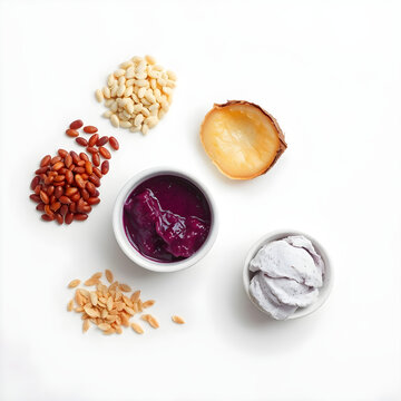 Set of products for Colorful Filipino halo-halo dessert with shaved ice, milk, and assorted toppings