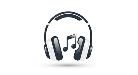 Black headphones with music note symbol on white background audio equipment icon