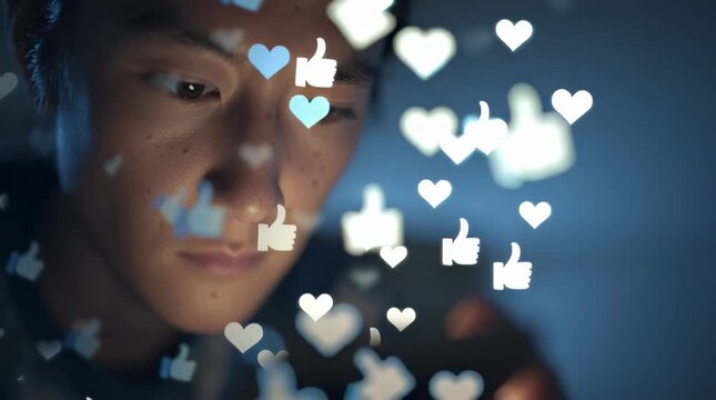A young Asian man focuses on his smartphone, surrounded by floating social media icons like hearts and thumbs up. The scene conveys digital interaction and connectivity.