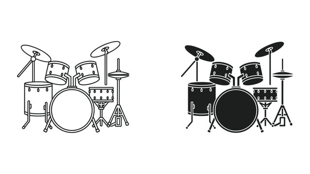 Drum set illustration in black outline and filled styles