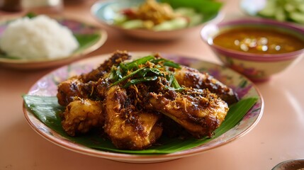 Fototapeta premium Indonesian crispy fried chicken with galangal flakes served with rice