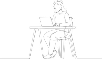 woman working on laptop for office Continuous one line drawing of young woman sitting at desk and working
