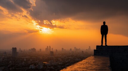 Fototapeta premium Silhouette of Businessman on Rooftop Overlooking City Skyline During Dramatic Sunset in Urban Environment