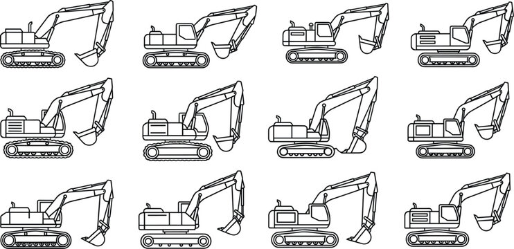 Excavator Construction Machine Line Icons Set Featuring Crawler Digger Variations Heavy Equipment Industrial Engineering Vector Collection
