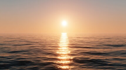 Naklejka premium Serene Sunset Over Calm Ocean Water Reflecting Dazzling Sunlight in a Tranquil Twilight Sky