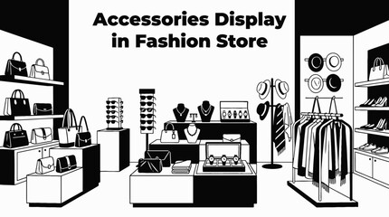 Fashion accessories displayed in a store black and white vector representing style trends retail business and modern lifestyle branding
