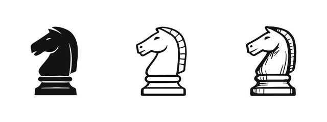 Chess Knight Piece icon set: silhouette, outline, and doodle styles for strategy games. © drawing lines