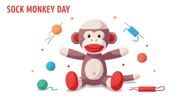 Sock Monkey Day Cute Classic Toy with Yarn Balls and Knitting Accessories Vector Illustration