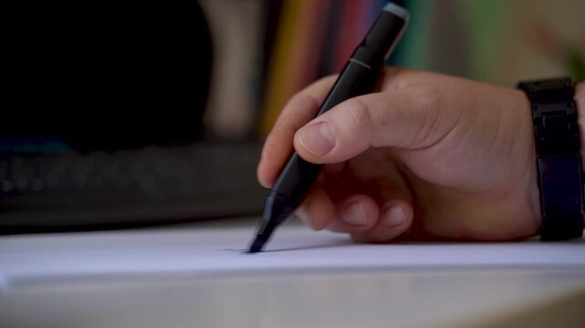 A person's hand writes with a black marker on paper on a table