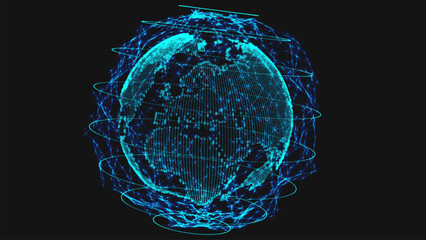 Naklejka premium A digital model of the Earth created from glowing dots and lines. Energy orbits revolve around the planet, emphasizing global connections and the continuous exchange of information.