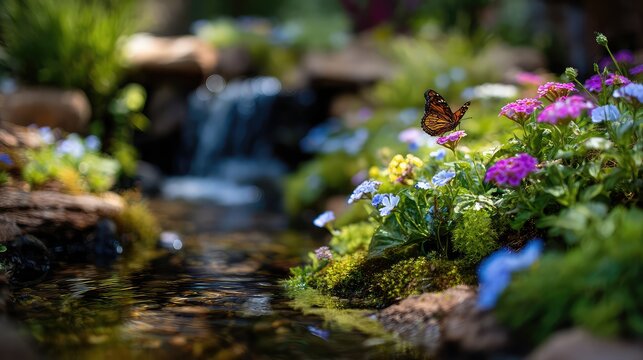 A close-up view of a scenic spot with beautiful natural scenery: a clear stream flows gently by the roadside, surrounded by green trees, blooming flowers, fluttering butterflies, and sunlight shining 