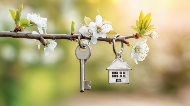 House shaped keychain and metal key hanging on blooming spring branch, symbolizing new home purchase, real estate investment, mortgage approval and property ownership concept
