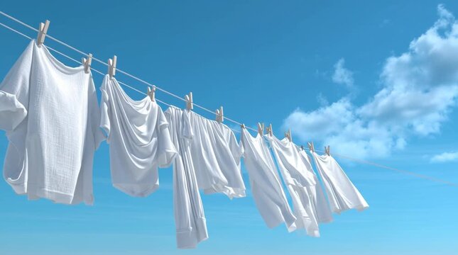 White laundry hanging on a clothesline against a clear blue sky with fluffy clouds. The scene conveys a sense of freshness and cleanliness.