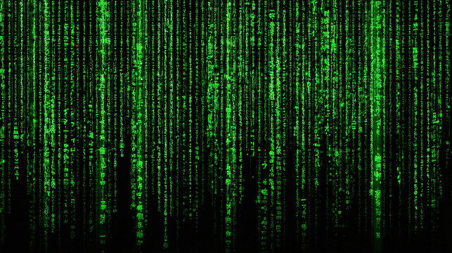 A digital representation of green code streaming down a black background