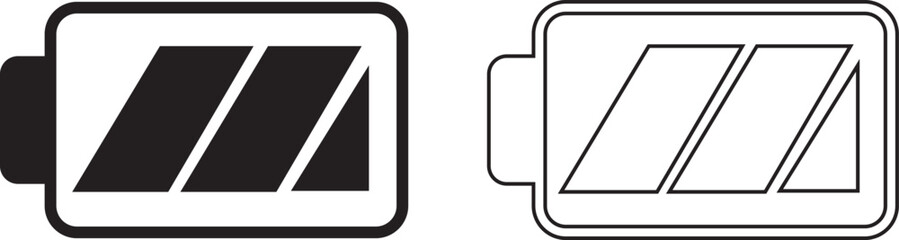 Battery status icon set collection, charging level indicator symbols with low, medium, full power and lightning bolt in solid and outline style vector isolated on transparent background