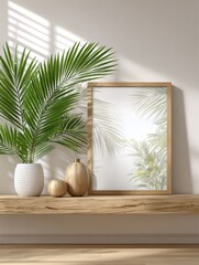 Naklejka premium Sunlit minimalist interior with blank wooden frame and palm leaves