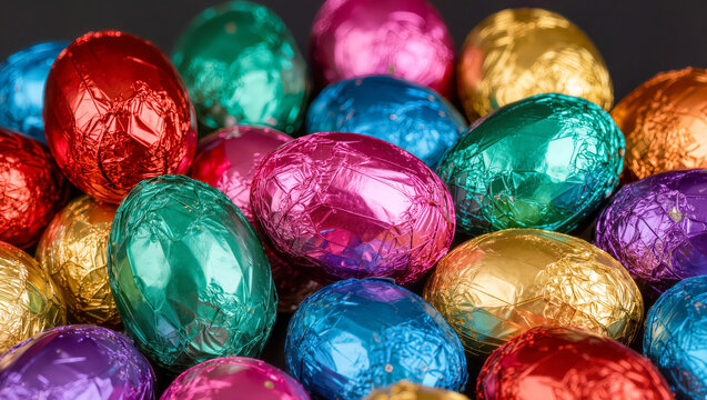 A vibrant and colorful assortment of foil-wrapped chocolate Easter eggs, creating a festive and celebratory display.