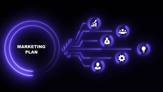 Marketing Plan Concept with Neon Icons and Flowing Lines on Black Background business idea