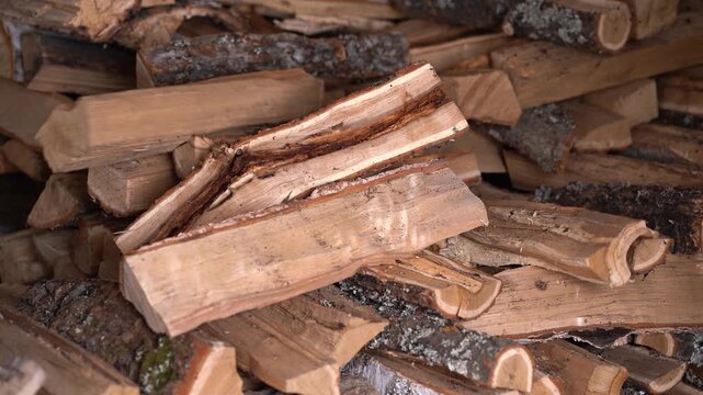Wooden firewood is stacked together with other firewood