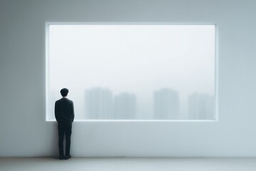 Fototapeta premium Rear view of man standing by large window in minimalist modern living room, looking out at a blurred cityscape, conveying themes of solitude and introspection in urban environment