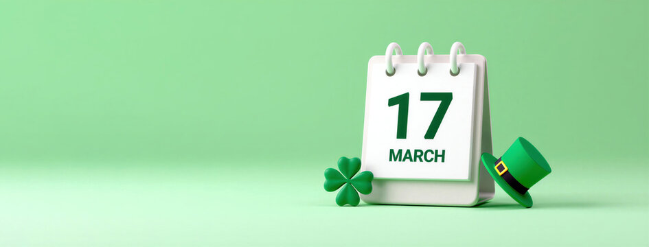 Minimalist St Patricks Day 2026 calendar showing March 17 date with green leprechaun hat and four leaf clover on light green background for banner website header social media celebration copy space