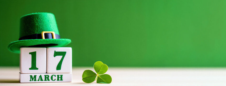 St. Patrick's Day festive green hat with shamrock on March 17 calendar block wooden surface, Irish celebration traditions, lucky symbol, cultural holiday decoration, seasonal greeting concept