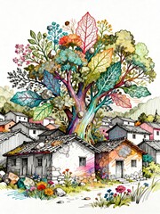 Obraz premium Colorful tree with vibrant foliage towers over a quaint village of rustic houses and blooming flowers.
