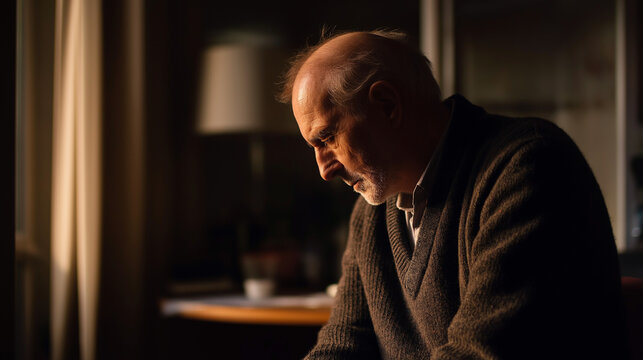 Sad and lonely faceless elderly man sitting alone in modest dimly lit apartment hunched shoulders showing emotional weight senior isolation and loneliness retirement solitude