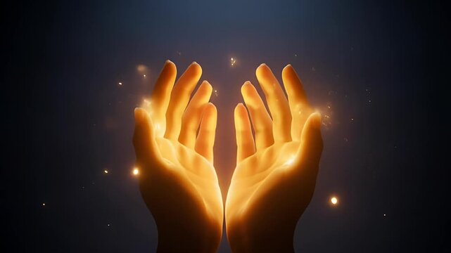 Two outstretched hands bathed in golden light against a dark background