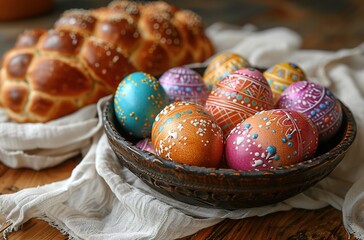 Fototapeta premium Easter Bread and Decorated Eggs with Spring Flowers, evoking traditional holiday joy. Ideal for Easter-themed content, culinary publications, and festive design visuals.