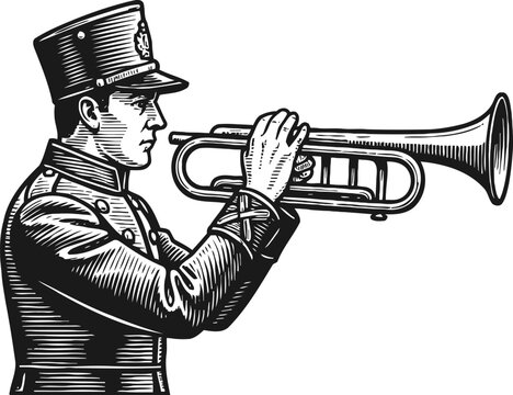 Vintage military bugler playing trumpet in uniform detailed black and white illustration