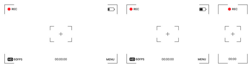 Video camera record viewfinder frame set. Isolated black camera screen display viewfinder on white background. Portrait and landscape overlay device collection. Vector illustration.