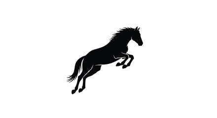 Obraz premium A dynamic black silhouette of a horse is captured mid-action, rearing powerfully on its hind legs against a plain white background.