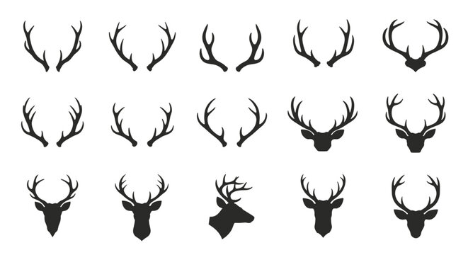A precise grid showcases fifteen distinct black silhouettes of deer antlers and full deer heads against a stark white background.