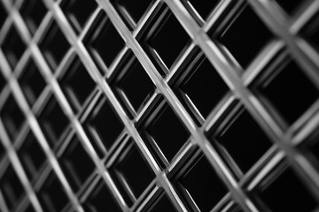 Symmetrical diamond wire mesh pattern creating depth and shadows. Monochrome abstract geometric background for artistic and creative projects.