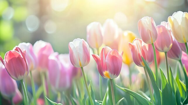 Floral background with spring tulips and soft focus for holiday and greeting cards in a spring setting