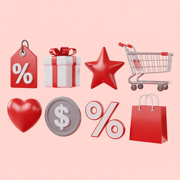 3D Marketing Icon Set Featuring Megaphone Notification Bell Shopping Bags Gift Box and Basket for Retail Sales Promotion