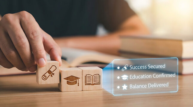Person arranging wooden blocks with education icons and diploma symbol on a desk with a blurred background