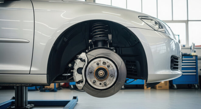 Sleek Silver Car on a Hydraulic Lift in a Clean Automotive Service Center, Showcasing Exposed Front Wheel, Brake System, and Suspension Components for Repair